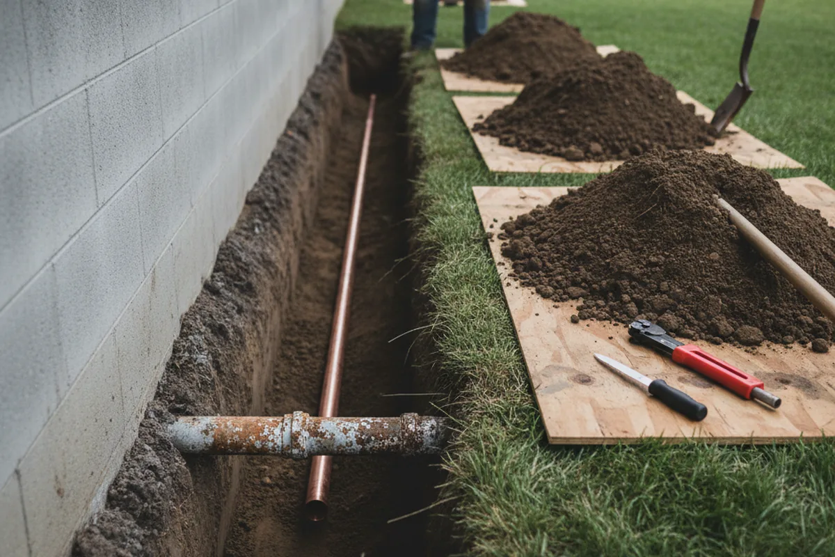 Excavated water line trench during Sewer Line Repair in Scottsburg